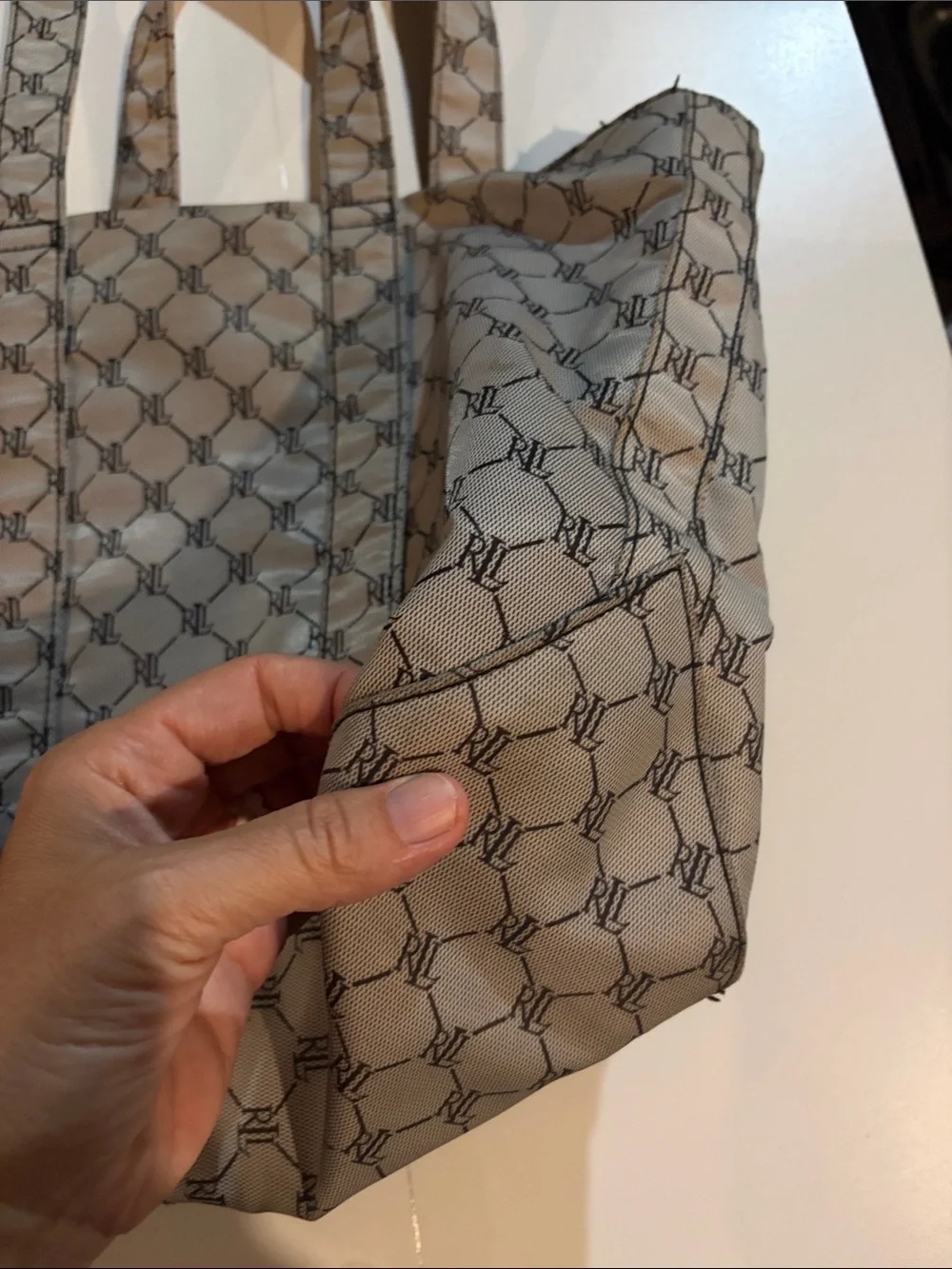 Ralph Lauren vintage waterproof tote some stains grey black logo front